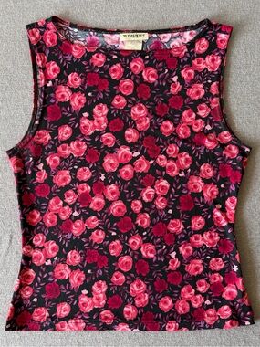 Vintage Wrapper Floral Sleeveless Tank in Black and Pink Rose Print